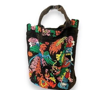 Elegant Black Peacock Tote Bag, Decorative Beads